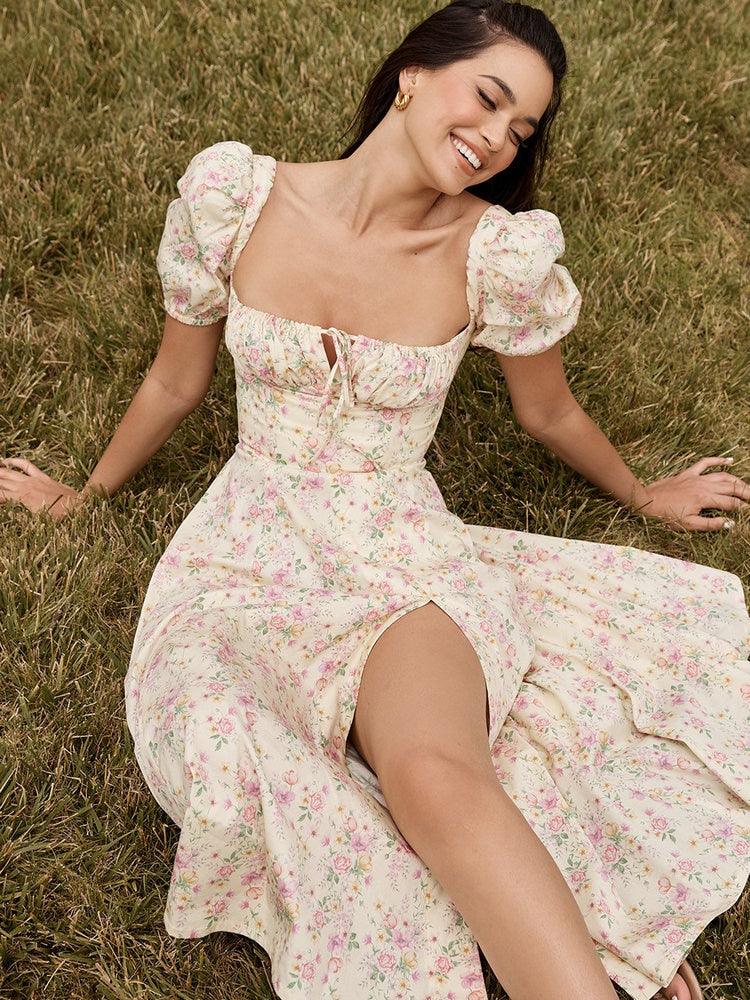 TALLULAH LEMON FLORAL PUFF SLEEVE MAXI/MIDI SUNDRESS - Yellow