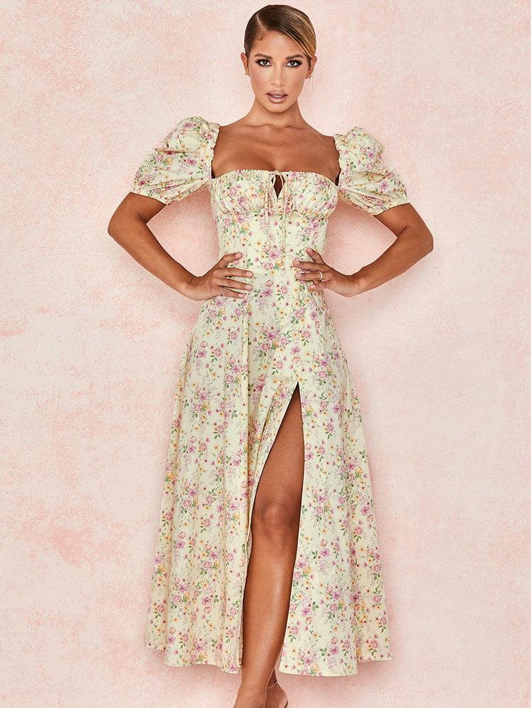 TALLULAH LEMON FLORAL PUFF SLEEVE MAXI/MIDI SUNDRESS - Yellow