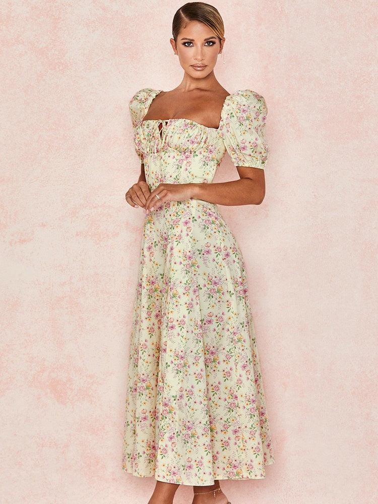 TALLULAH LEMON FLORAL PUFF SLEEVE MAXI/MIDI SUNDRESS - Yellow
