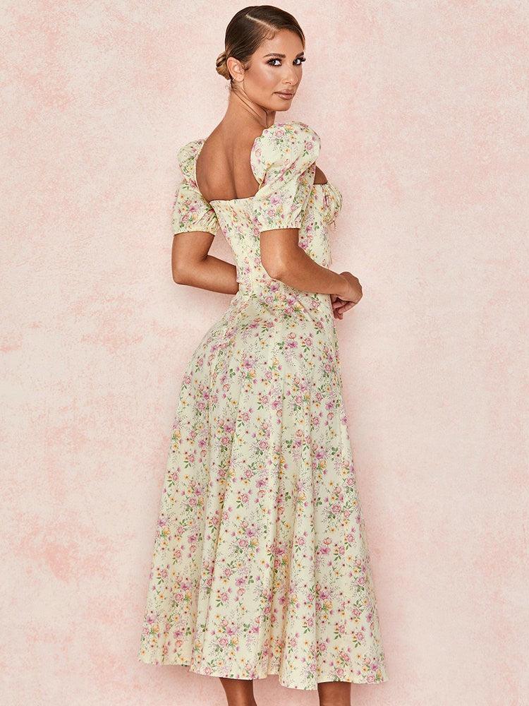 TALLULAH LEMON FLORAL PUFF SLEEVE MAXI/MIDI SUNDRESS - Yellow