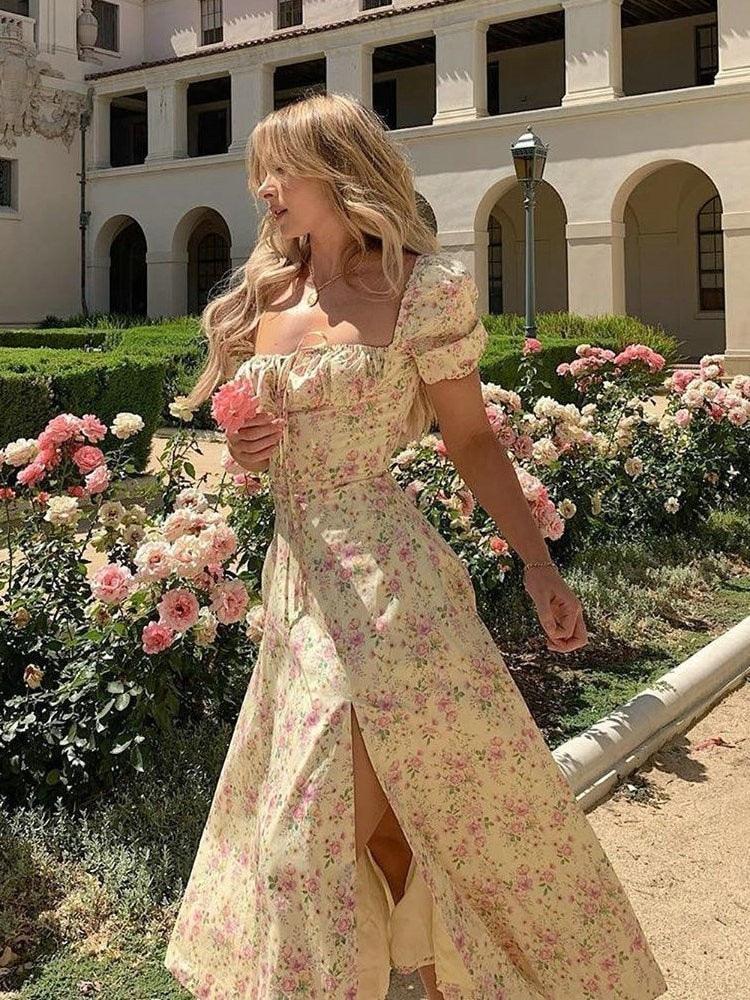 TALLULAH LEMON FLORAL PUFF SLEEVE MAXI/MIDI SUNDRESS - Yellow