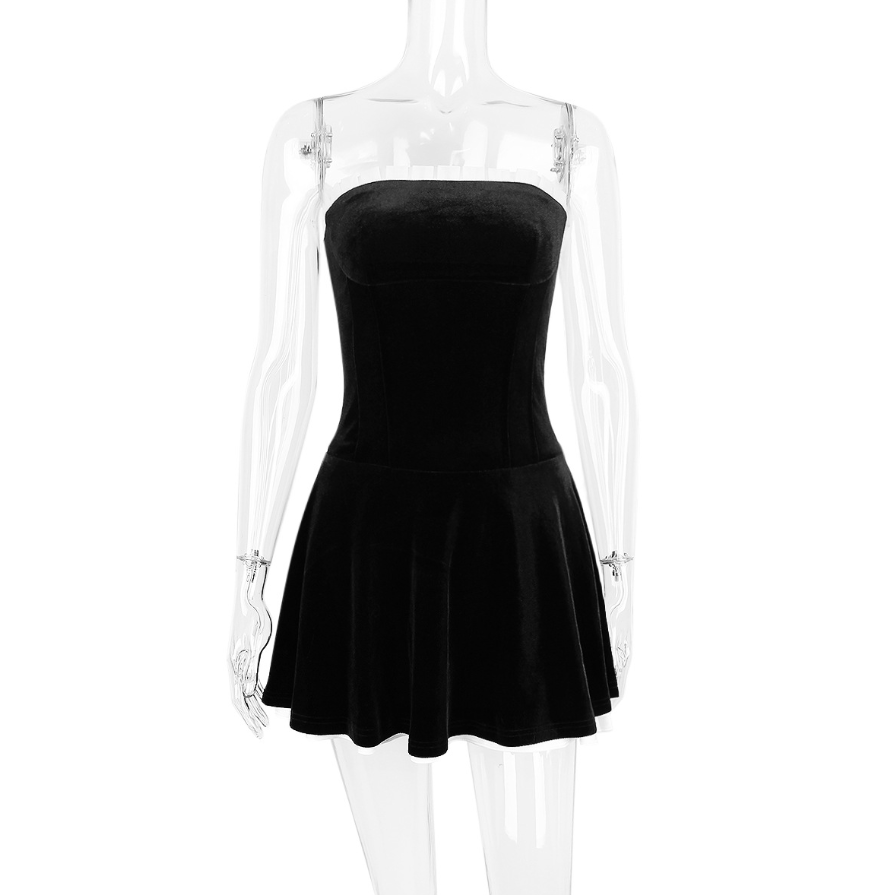 MARILLA BLACK VELVET STRAPLESS DRESS - Black