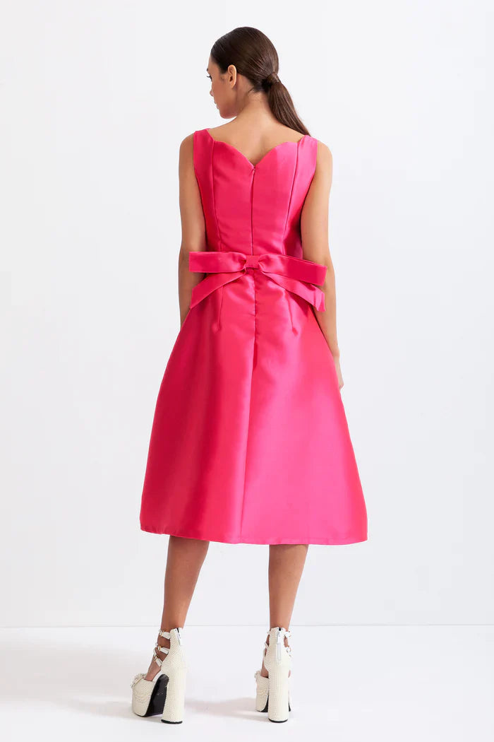 BOW DETAIL HOURGLASS MIDI DRESS - FUCHSIA