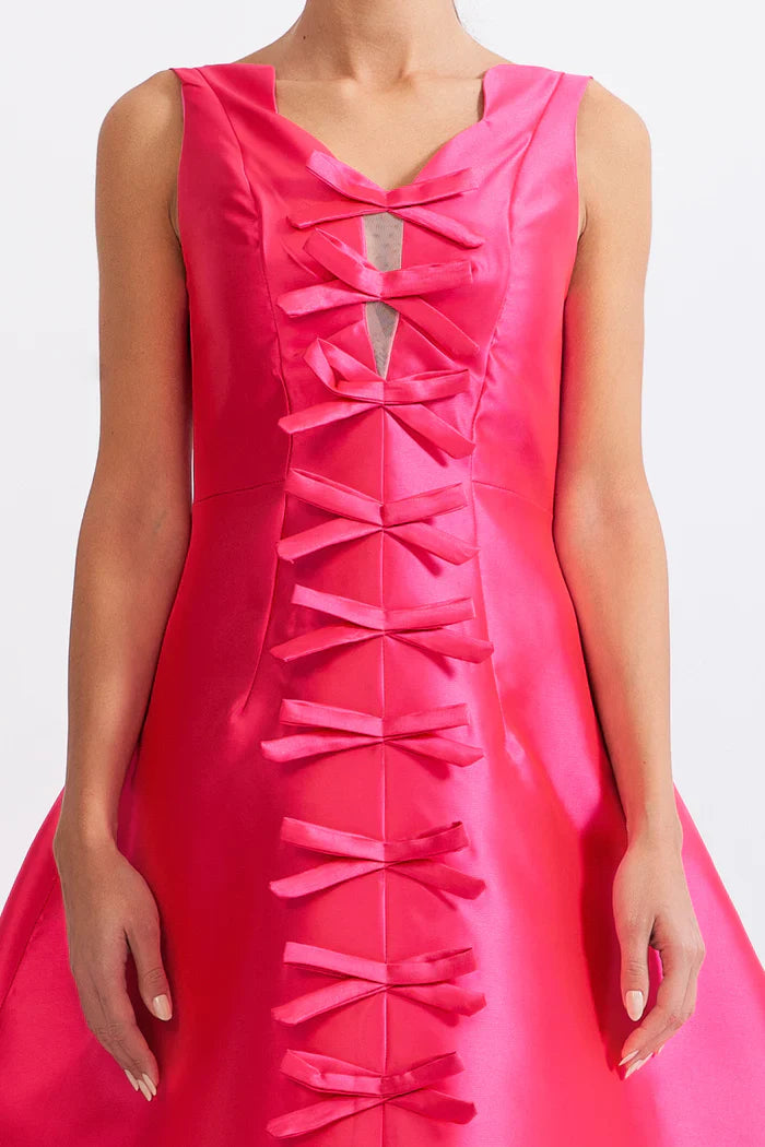 BOW DETAIL HOURGLASS MIDI DRESS - FUCHSIA