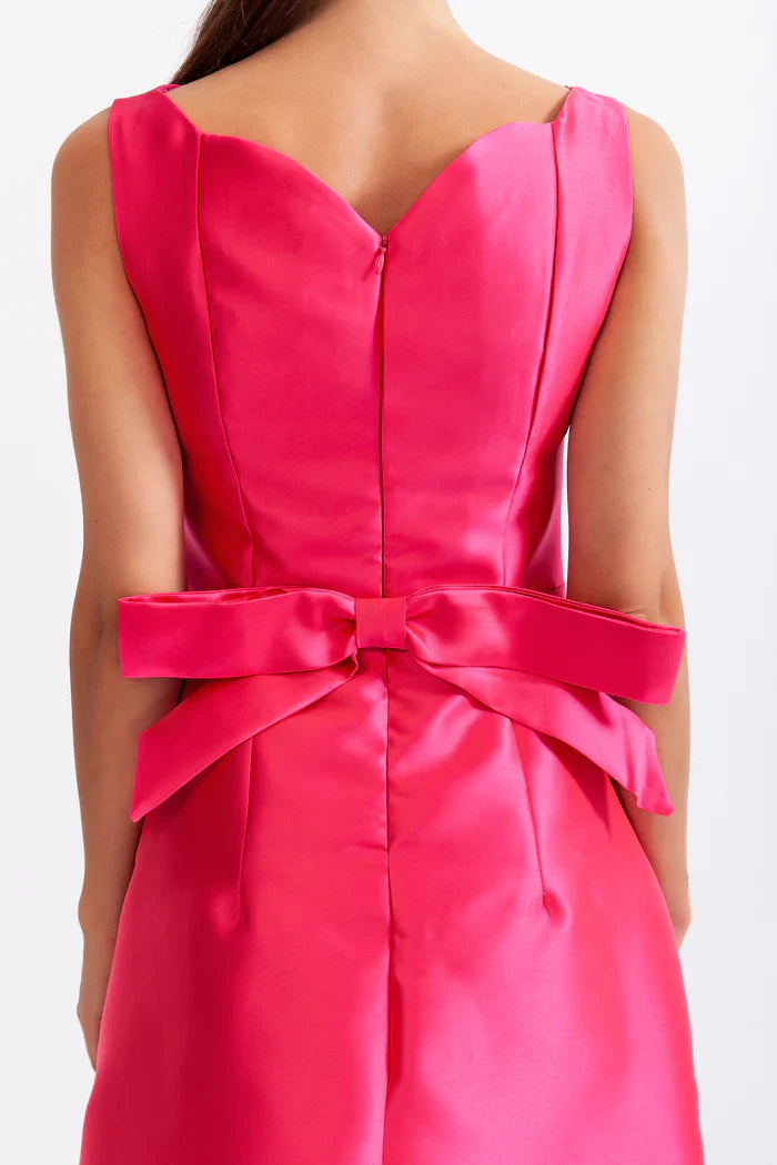 BOW DETAIL HOURGLASS MIDI DRESS - FUCHSIA