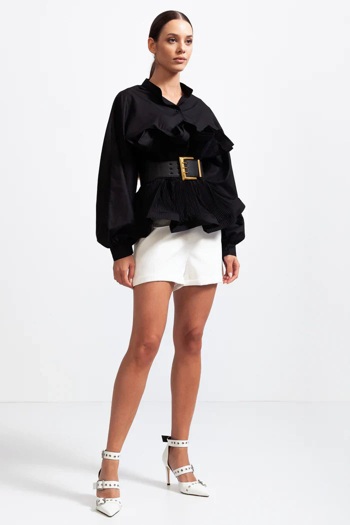 RUFFLE SHIRT WITH MASSIVE BELT - BLACK