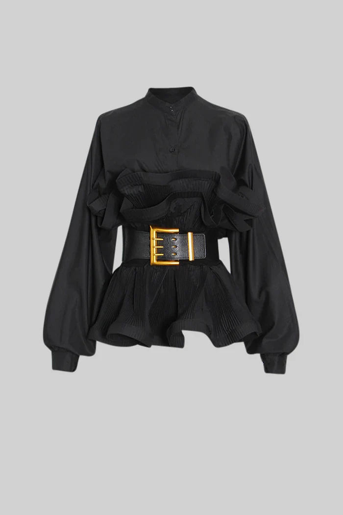 RUFFLE SHIRT WITH MASSIVE BELT - BLACK