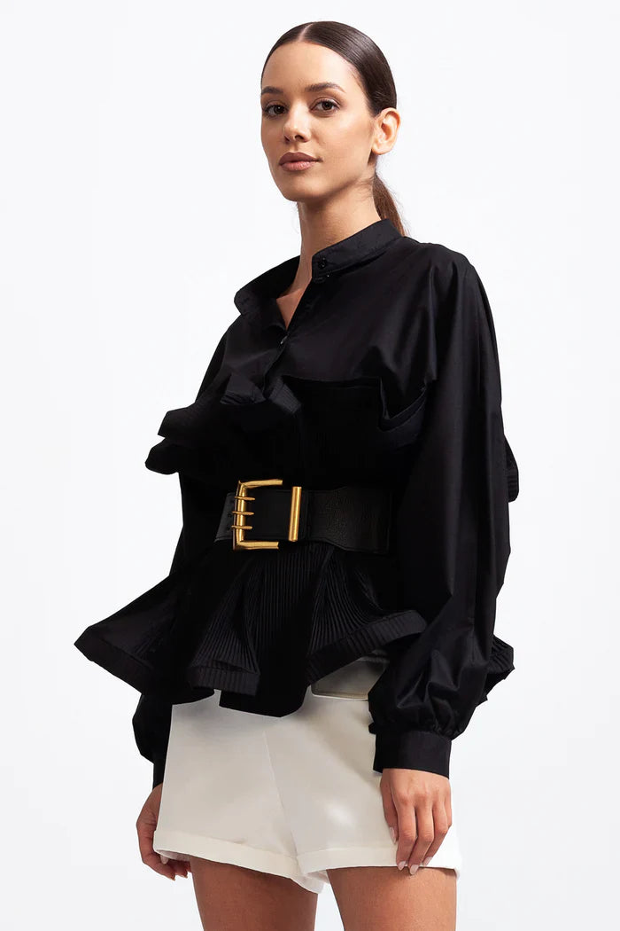 RUFFLE SHIRT WITH MASSIVE BELT - BLACK