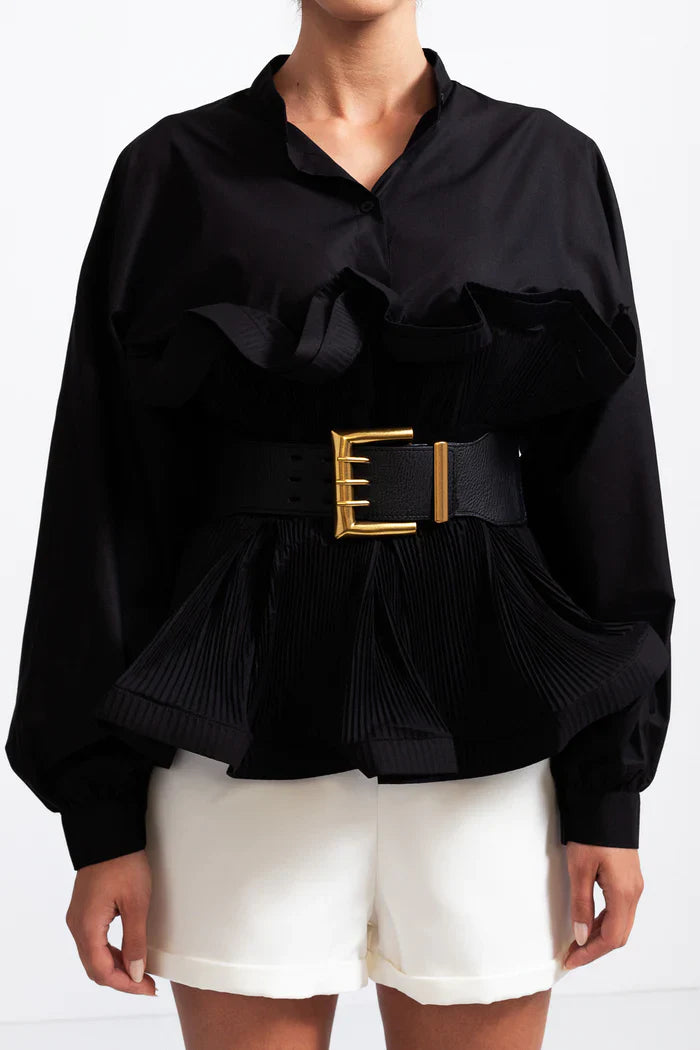 RUFFLE SHIRT WITH MASSIVE BELT - BLACK