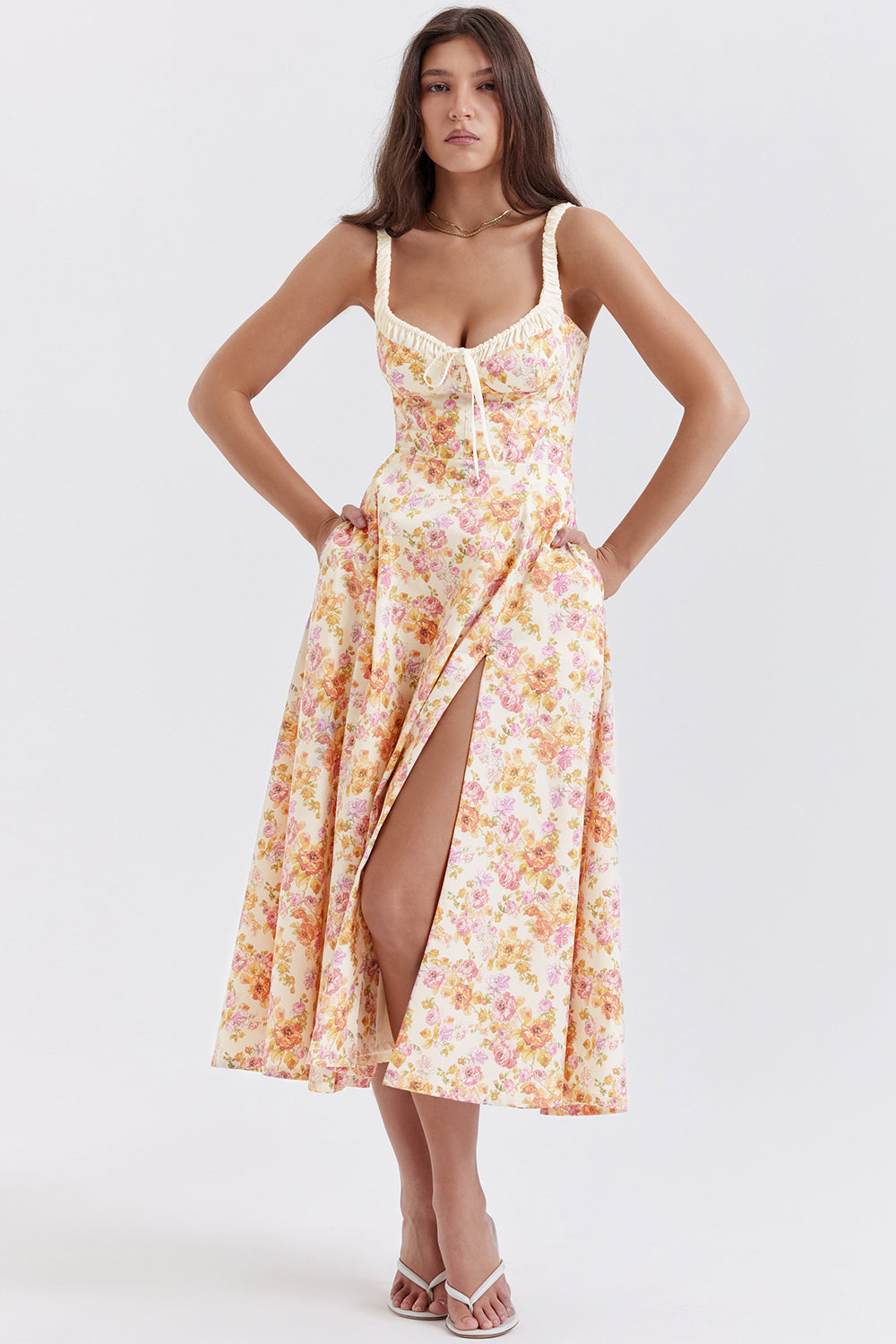 sabrina midi dress SABRINA IVORY PRINT BUSTIER SUNDRESS MIDI DRESS