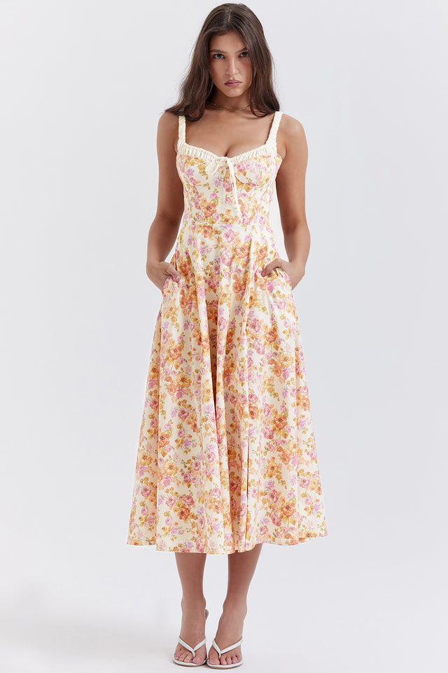 SABRINA IVORY PRINT BUSTIER SUNDRESS MIDI DRESS - Pink
