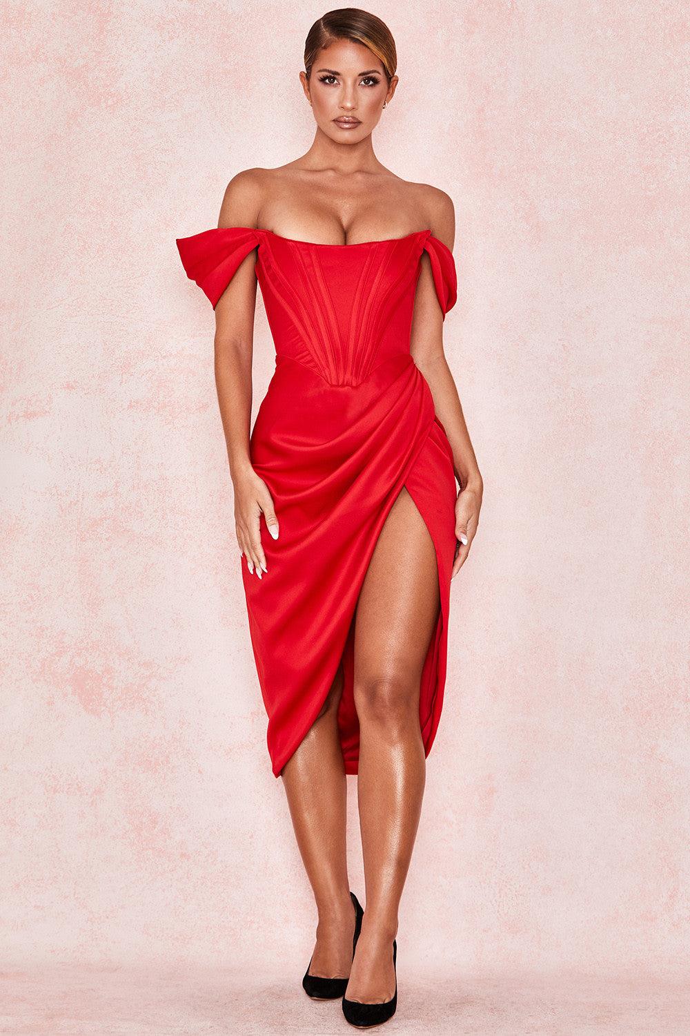 LORETTA SATIN OFF SHOULDER DRESS - Red