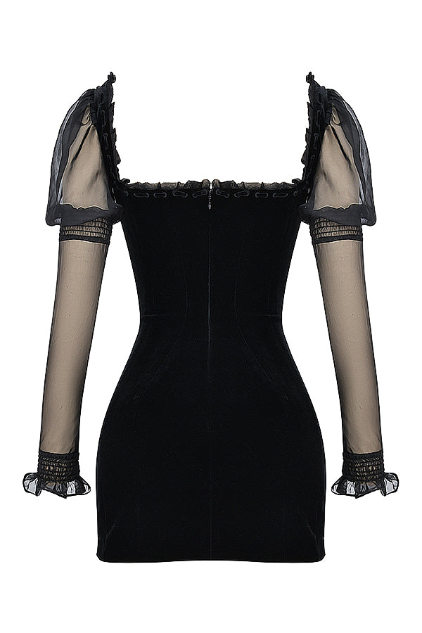 SYANA BLACK VELVET LONG PUFF SLEEVES MINI DRESS - Black