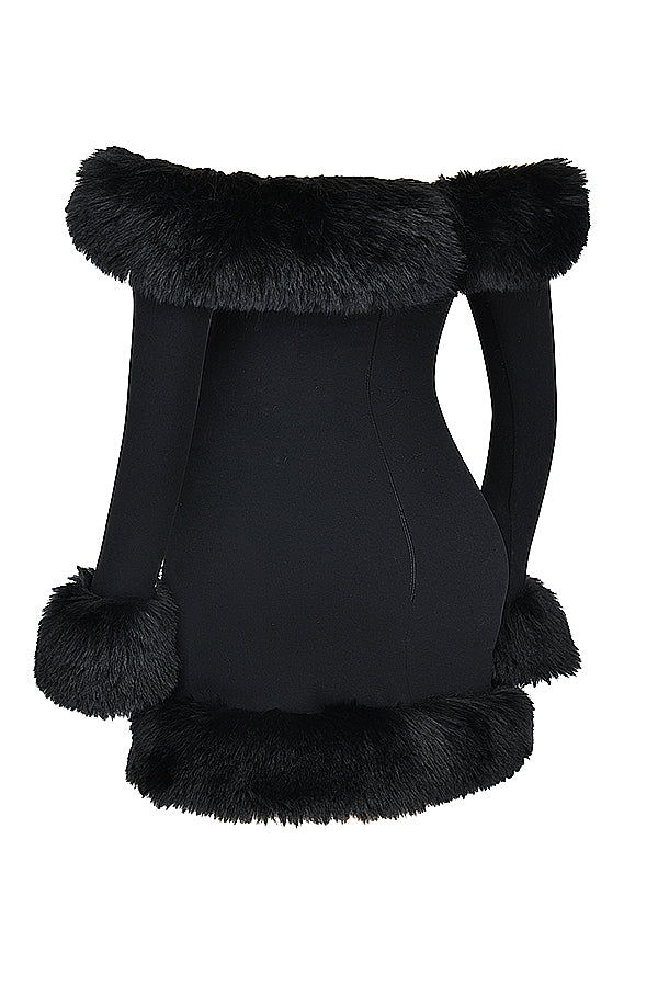 KEILANI Black Long Sleeves Faux Fur Mini Dress - Black