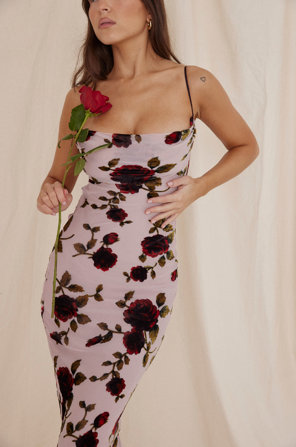 SERENA PINK DEVORE FLORAL MAXI DRESS - Light Pink