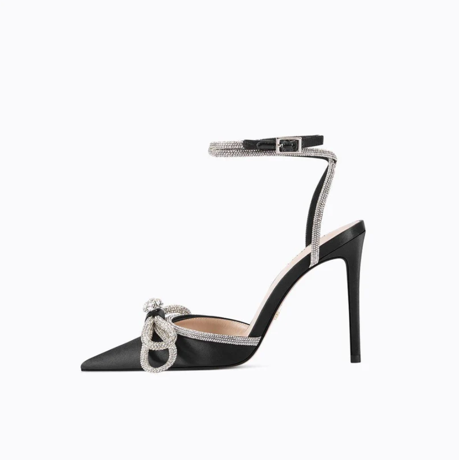 LUNA Midnight Silver Wrap Around Diamante Bow High Heels - Black