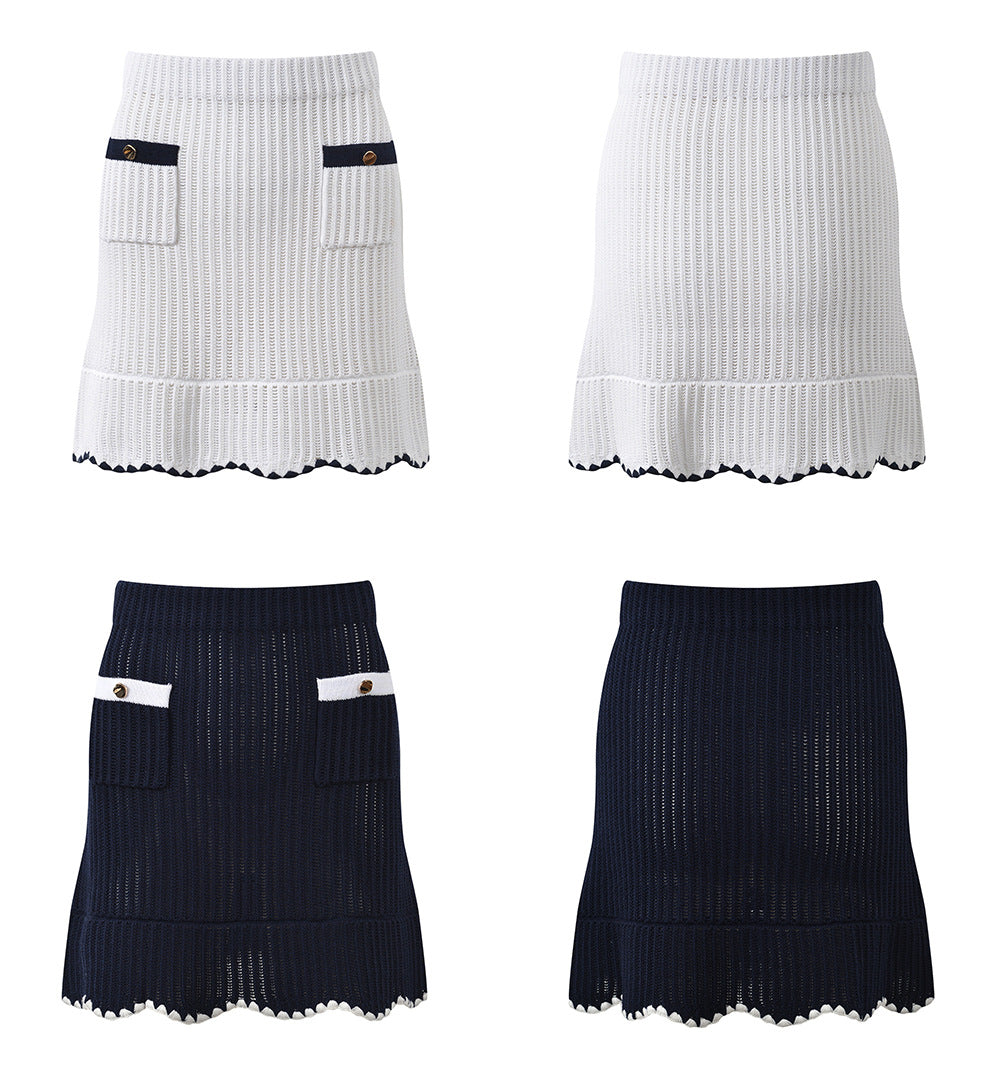 Hand-hooked ruffle lapel, single-breasted knitted skirt