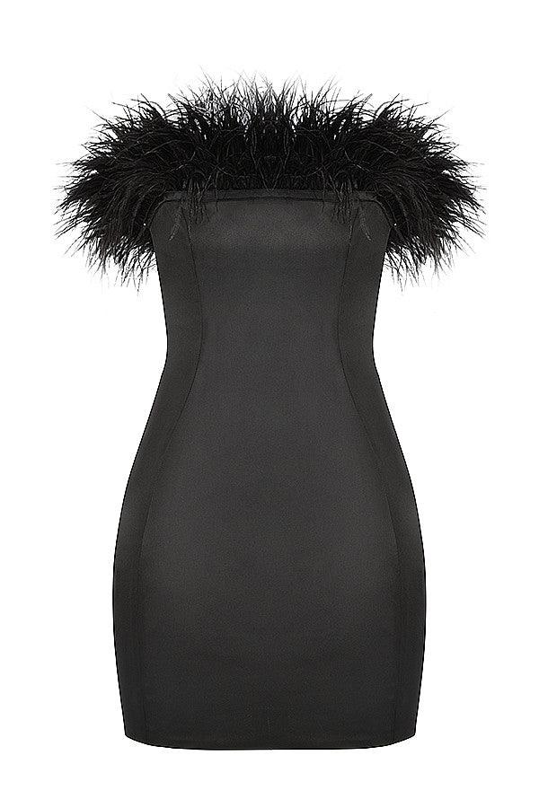 MADDIE Satin Off Shoulder Feather Strapless Mini Dress - Black MADDIE Satin Off Shoulder Feather Strapless Mini Dress - Black