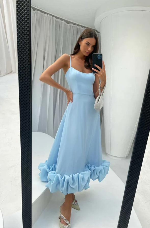 LILOU FLOUNCE BUSTIER RUFFLE MAXI DRESS - Baby Blue