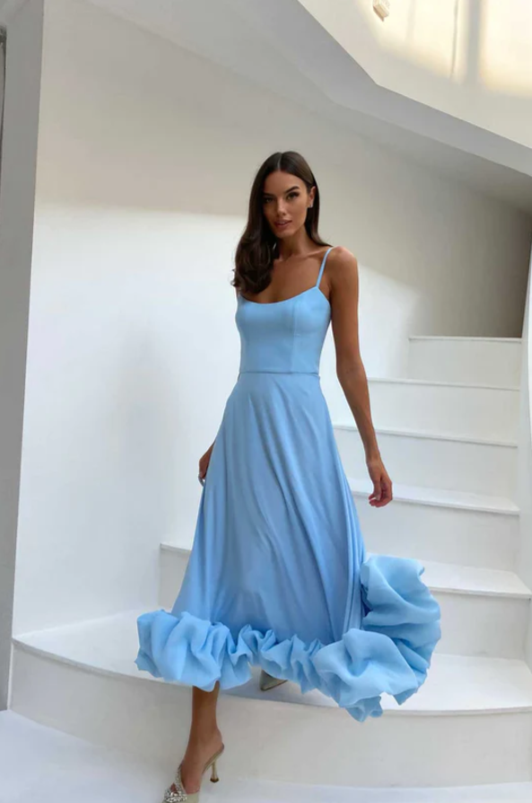LILOU FLOUNCE BUSTIER RUFFLE MAXI DRESS - Baby Blue