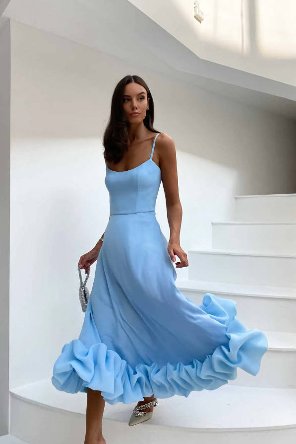 LILOU FLOUNCE BUSTIER RUFFLE MAXI DRESS - Baby Blue