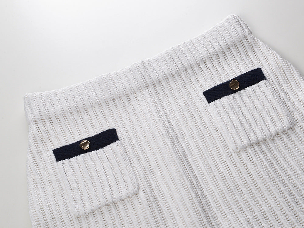 Hand-hooked ruffle lapel, single-breasted knitted skirt