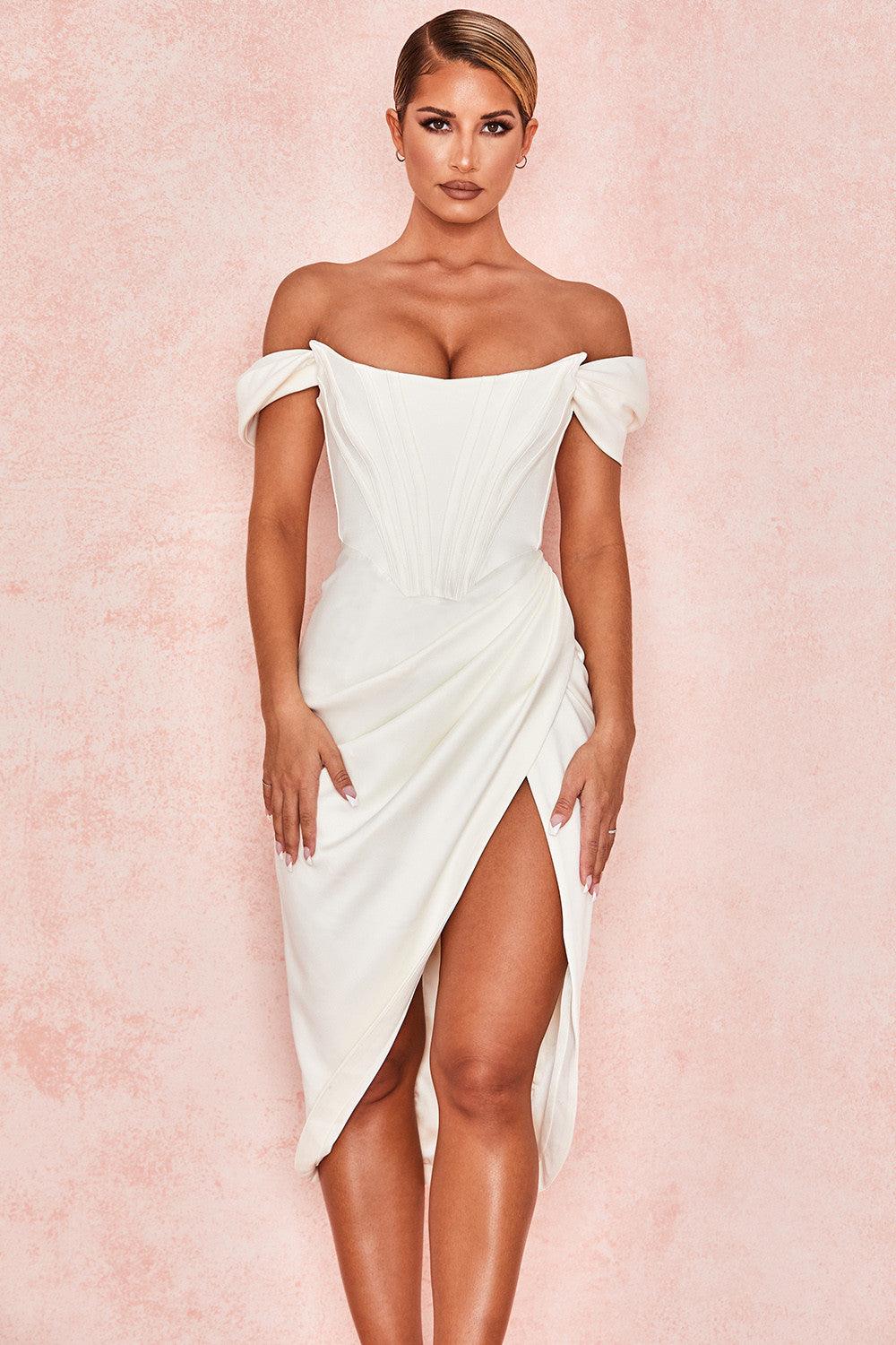 LORETTA SATIN OFF SHOULDER MIDI DRESS - White