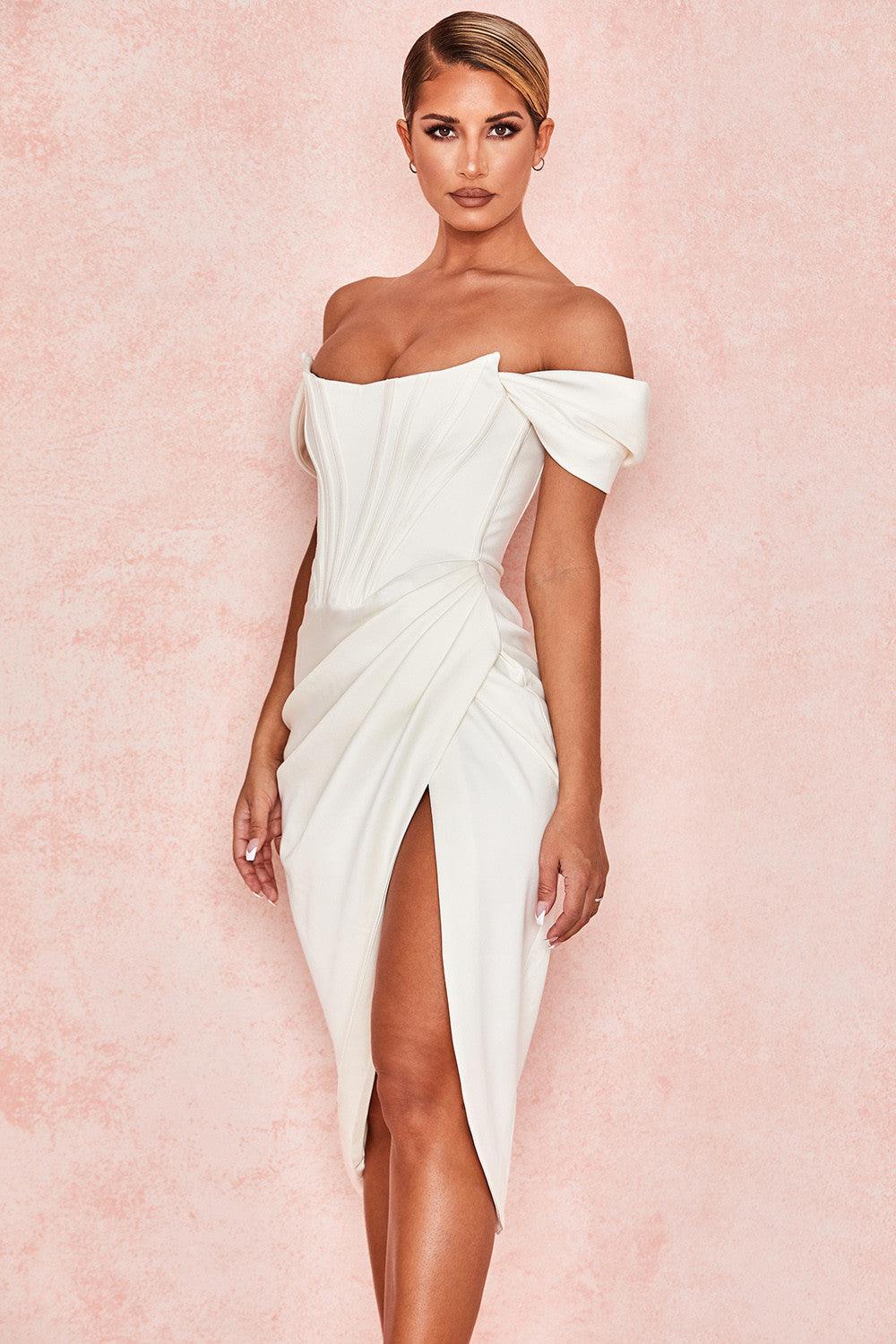 LORETTA SATIN OFF SHOULDER MIDI DRESS - White