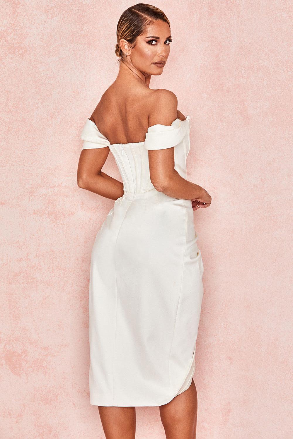 LORETTA SATIN OFF SHOULDER MIDI DRESS - White