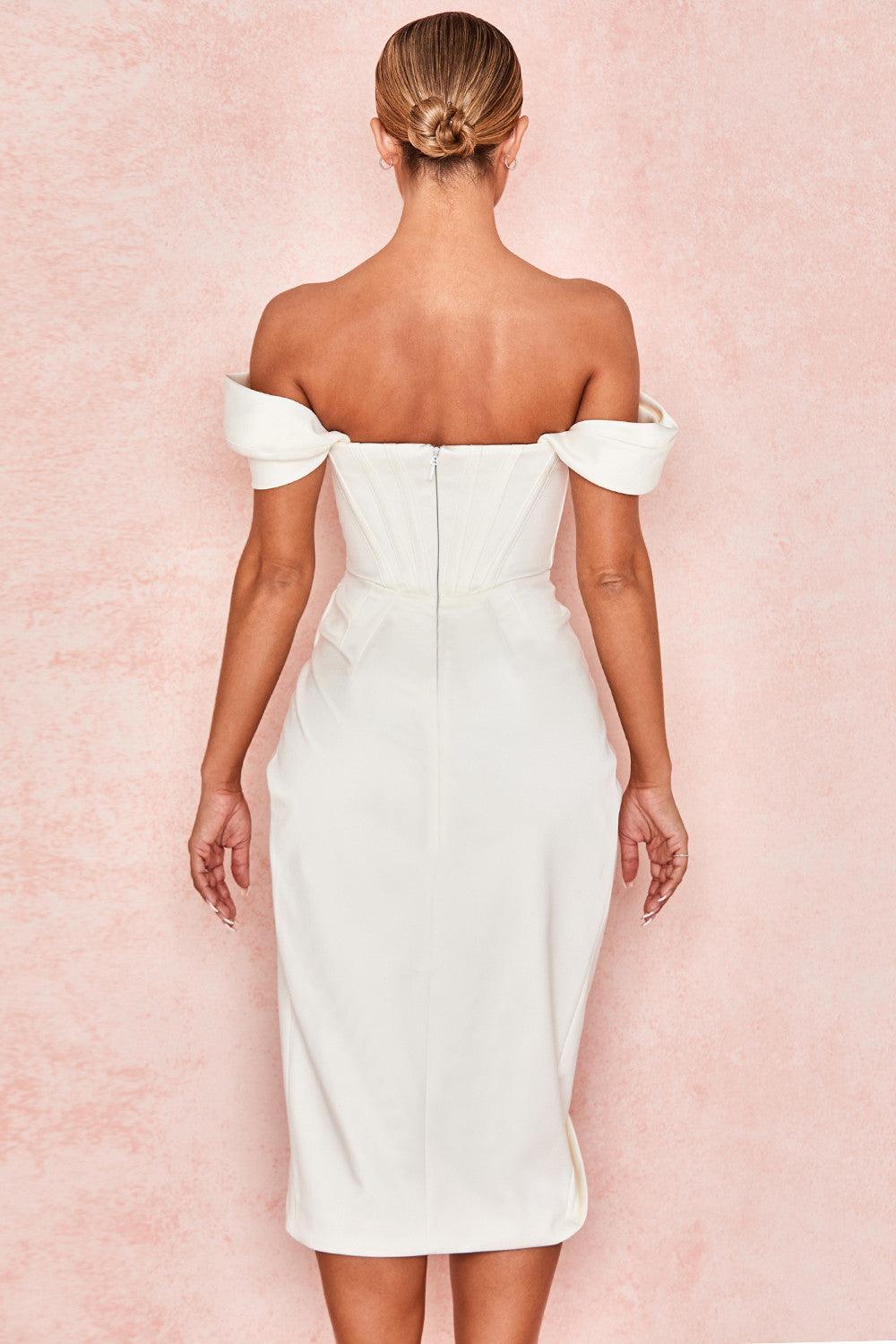 LORETTA SATIN OFF SHOULDER MIDI DRESS - White
