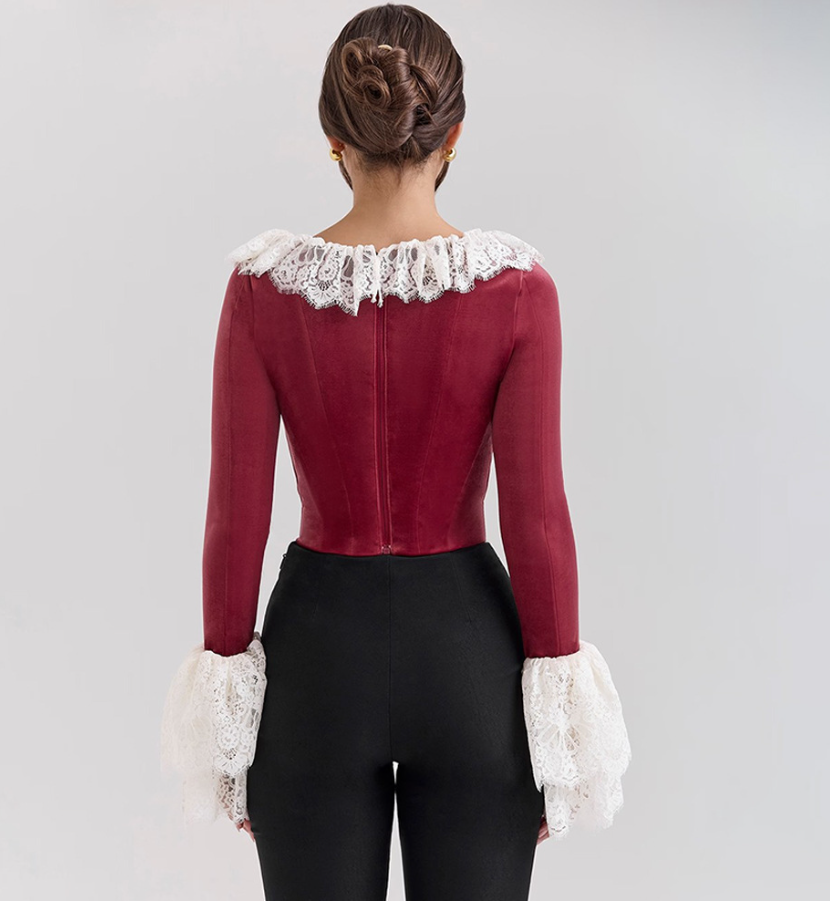 Jacinda Cabernet Velvet Lace Trimmed Corset Top - Dark Red