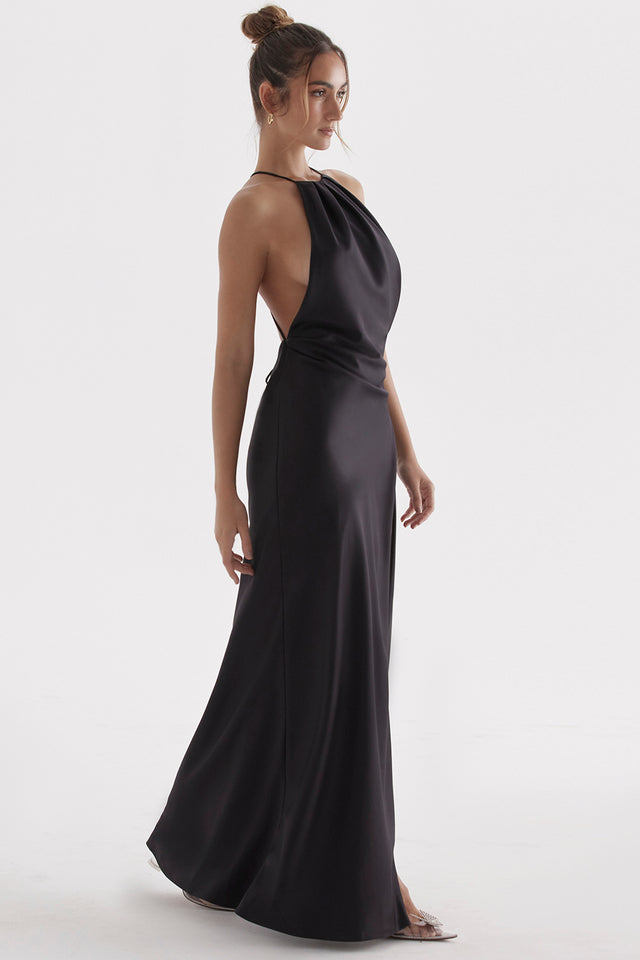 ZANAB BLACK ASYMMETRIC THIGH SLIT MAXI DRESS - Black