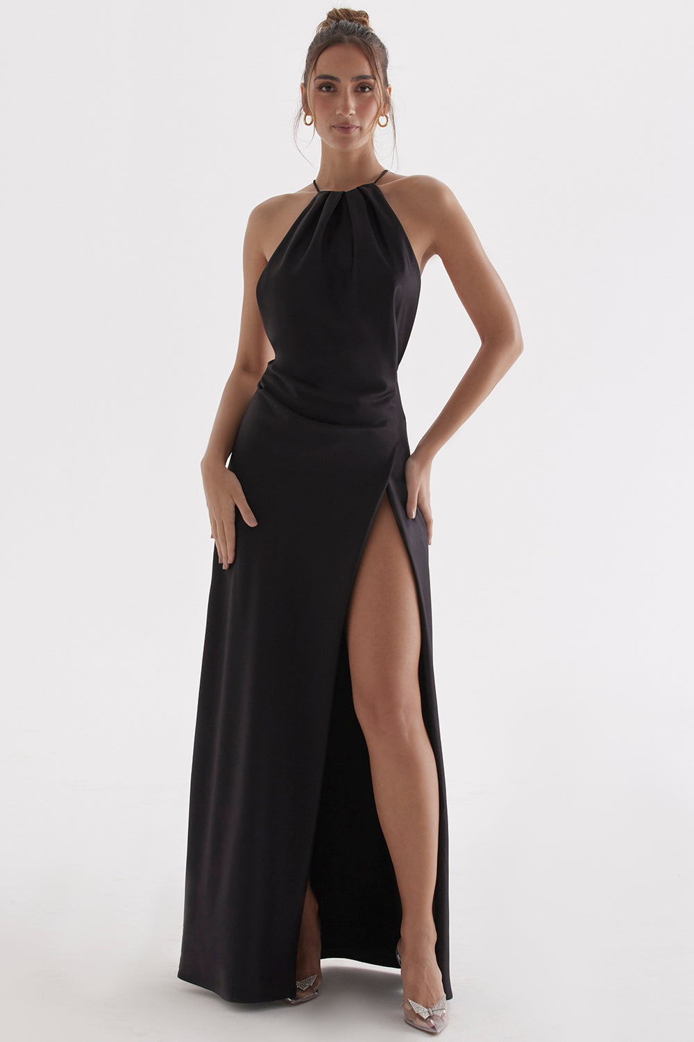 ZANAB BLACK ASYMMETRIC THIGH SLIT MAXI DRESS - Black