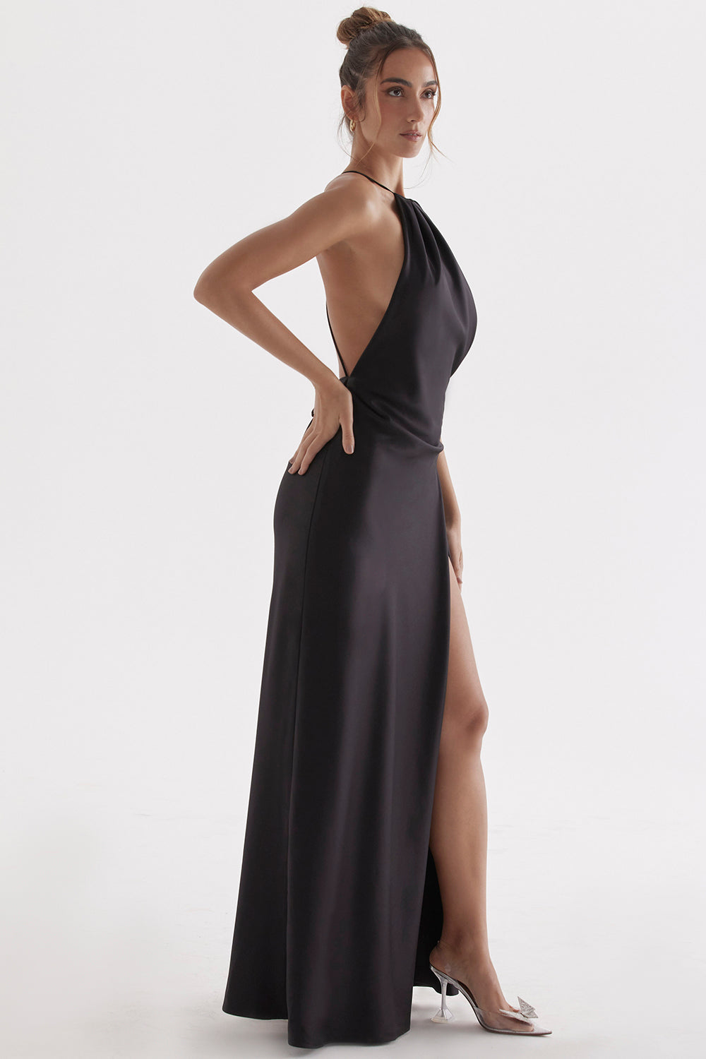 ZANAB BLACK ASYMMETRIC THIGH SLIT MAXI DRESS - Black