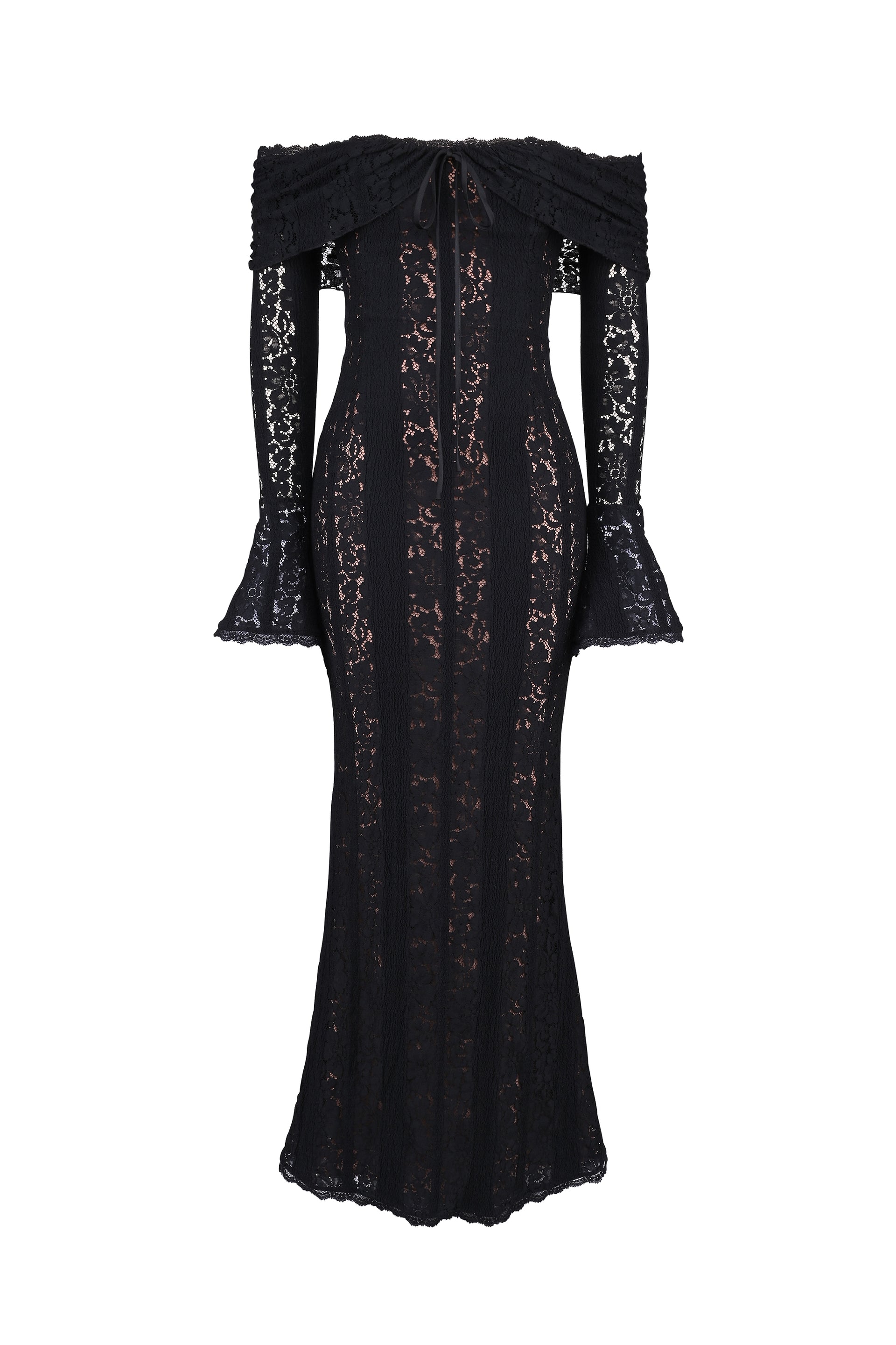 black floral off the shoulder maxi dress OFF-SHOULDER FLORAL LACE COLUMN DRESS IN BLACK