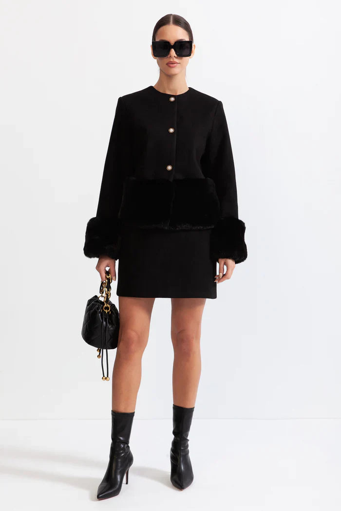 FAUX FUR CO-ORD WITH JACKET AND SKIRT - BLACK