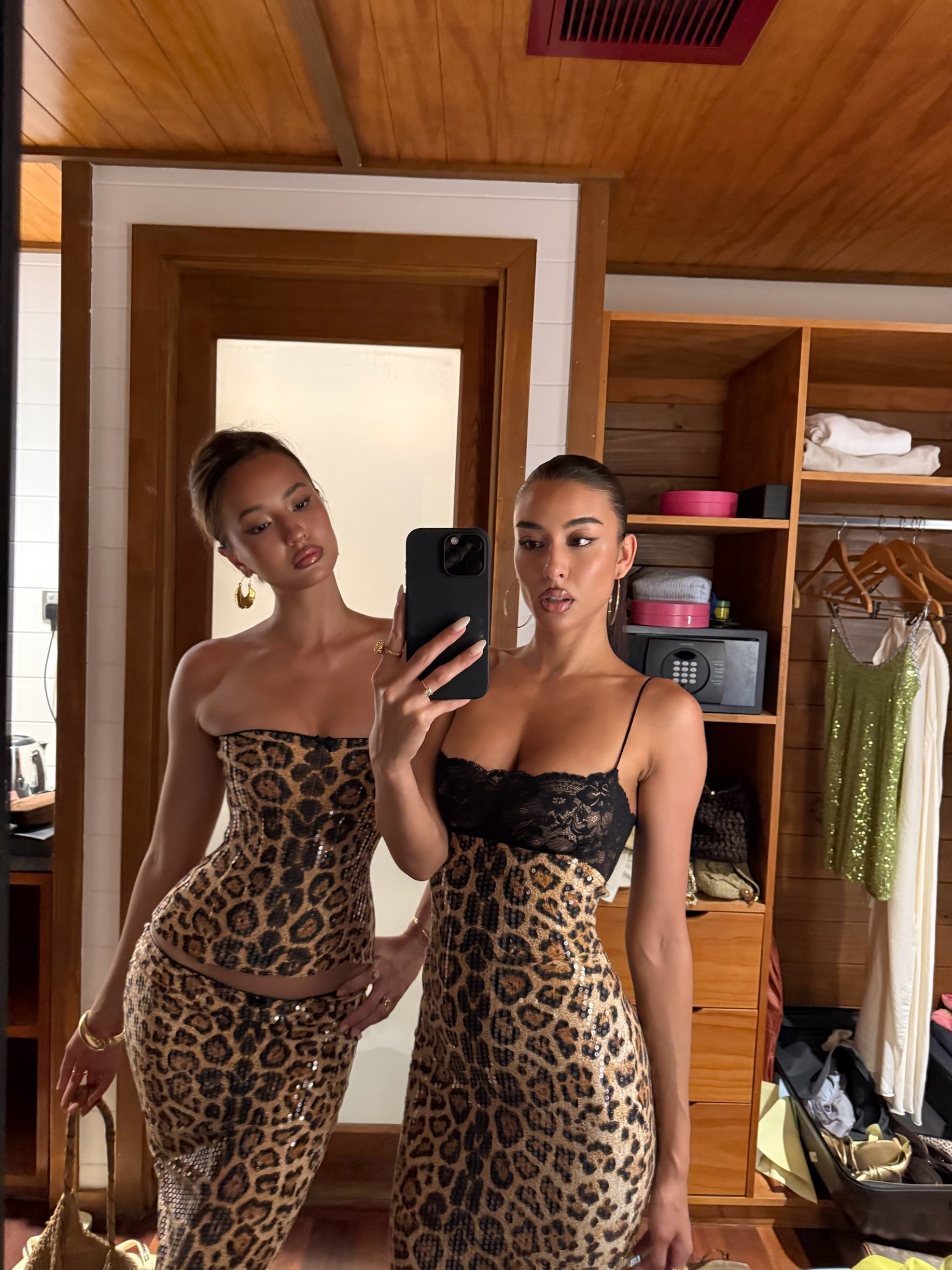Onza Leopard-Print Corset and Midi Skirt Set – Black