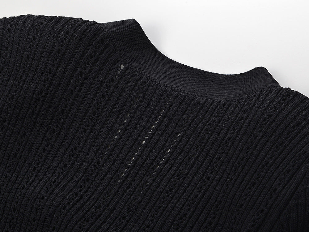 Short sleeve diamond buckle ruffle waist knit dress