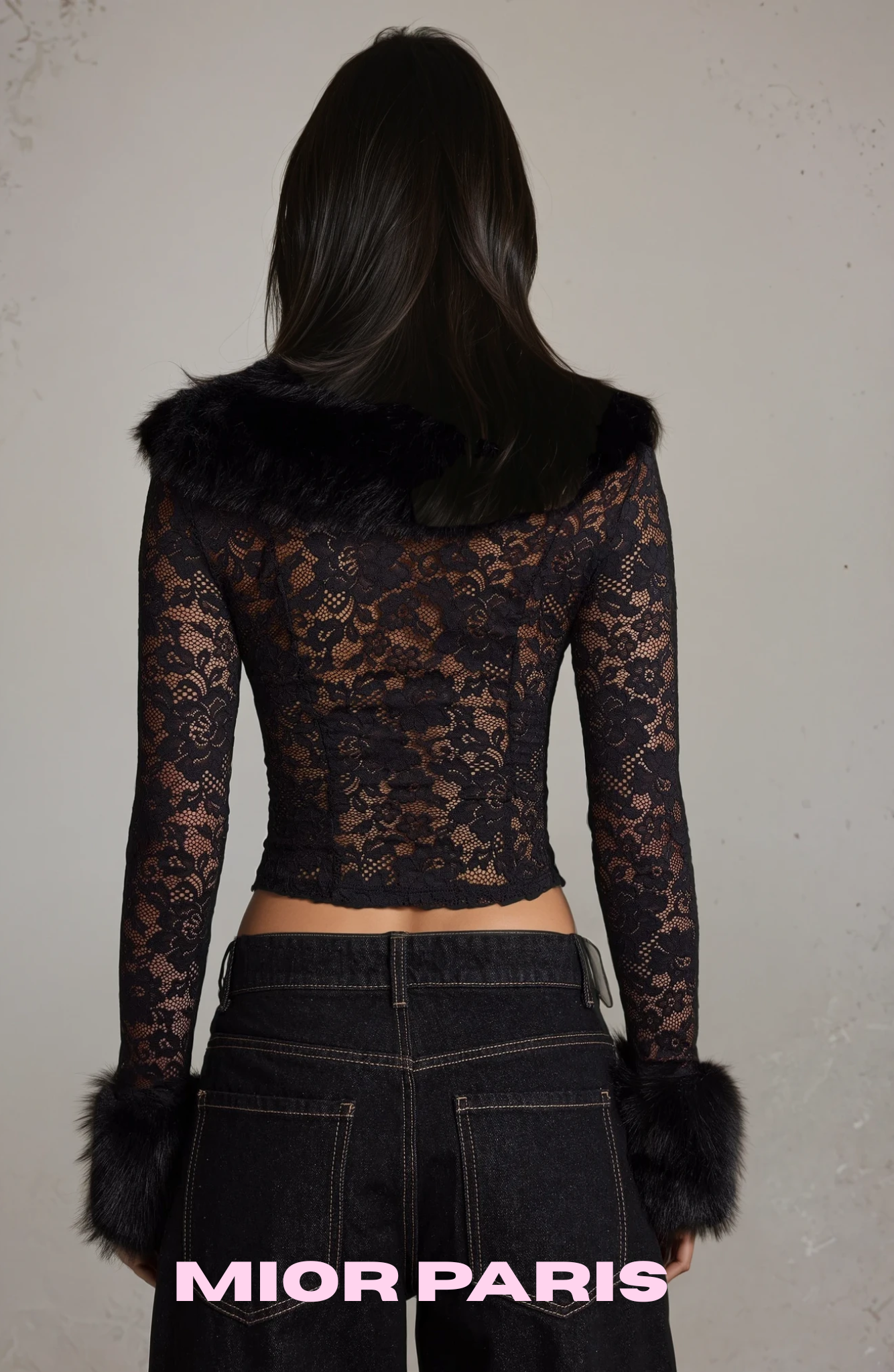 CELIA Faux Fur-Trim Lace Cardigan and skirt set  in Jet Black