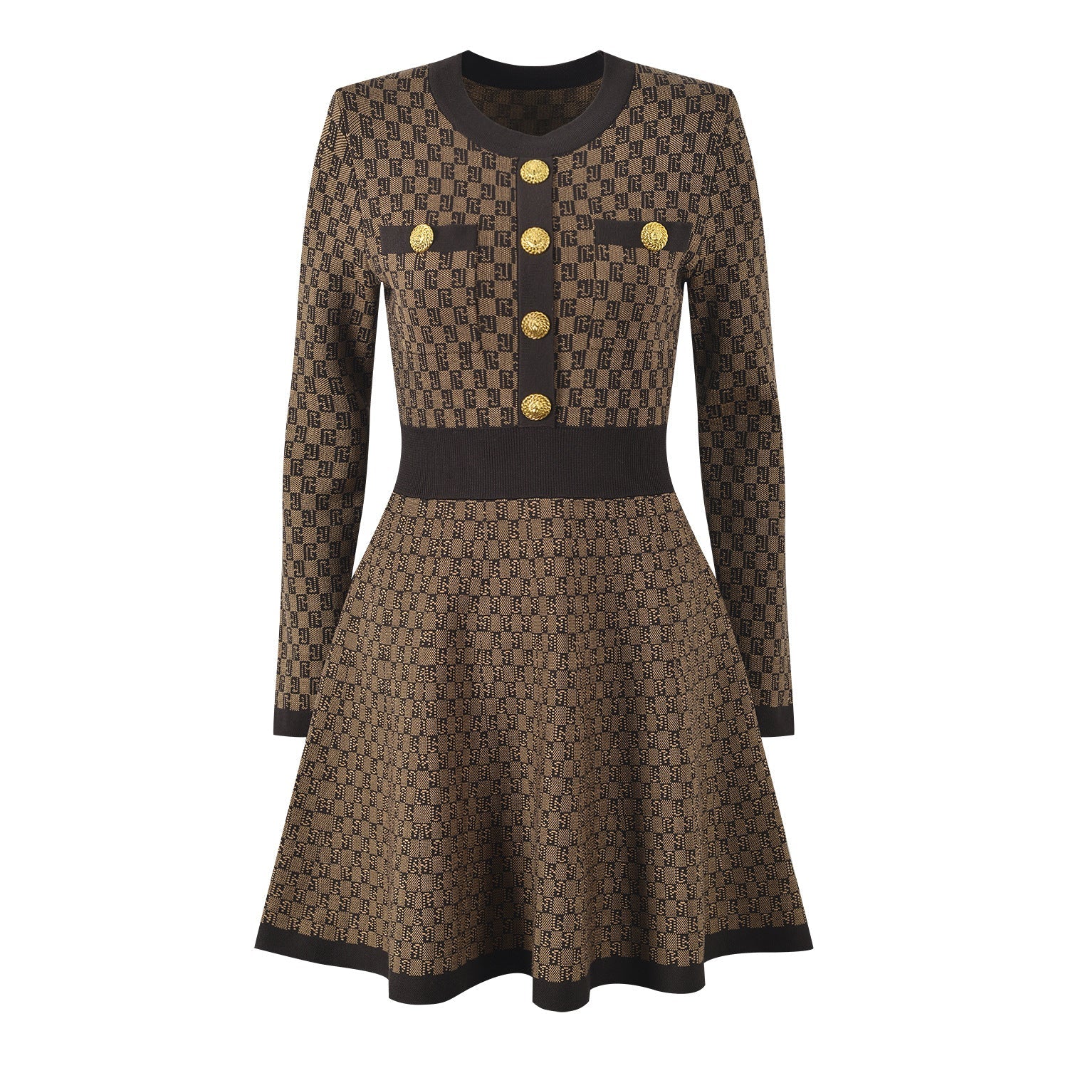 ELURA Gold-Buttoned Contrast Jacquard Knit Mini Dress – Brown