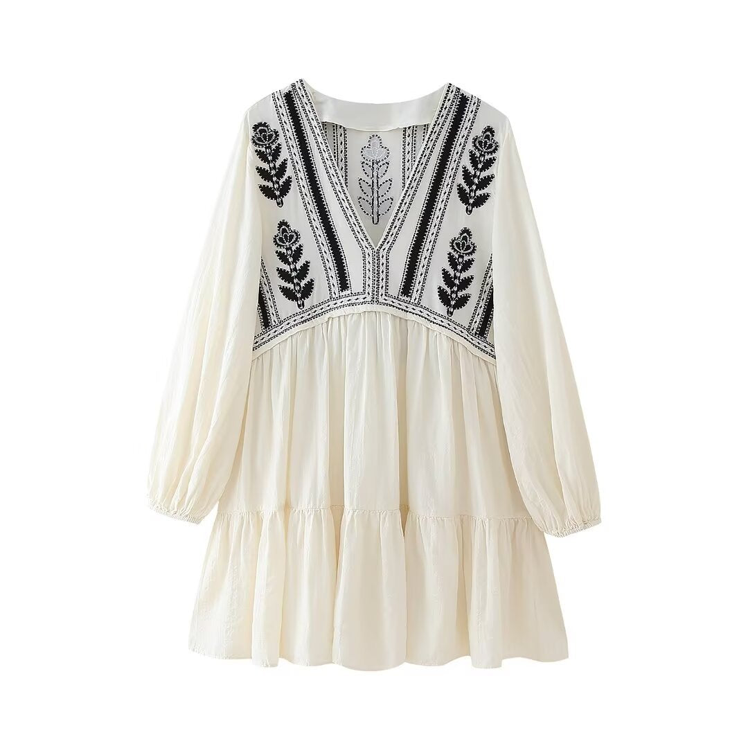 V-Neck Stitched Embroidered Mini Dress