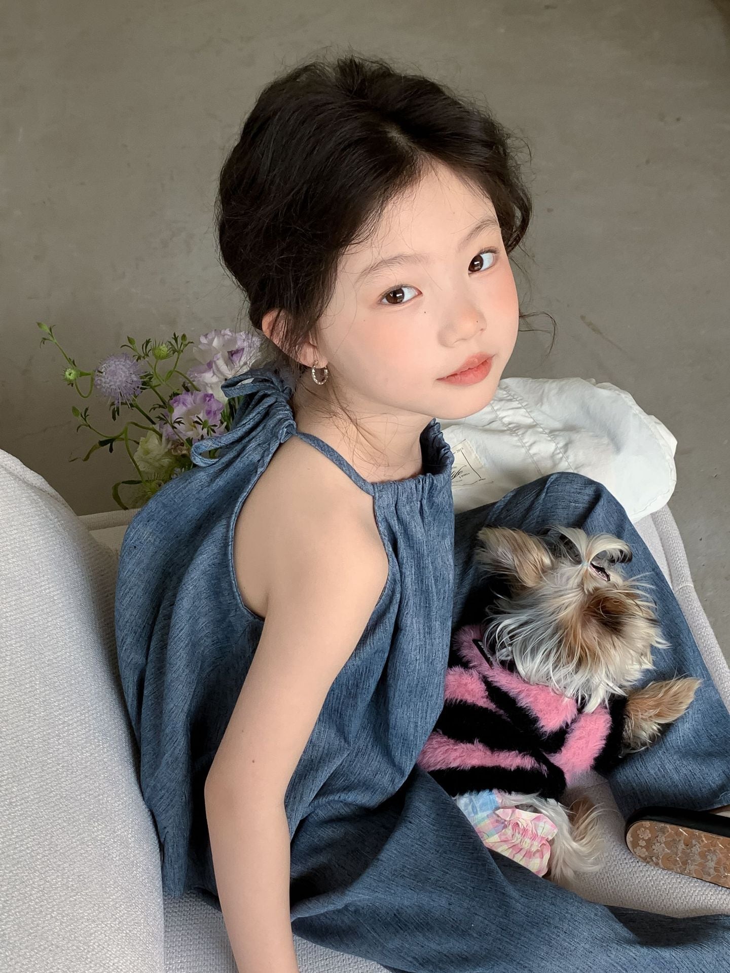 Girls' Blue Suspenders Wide-leg Pants Set in the Big Virgin Bao Cool Two-Piece Set