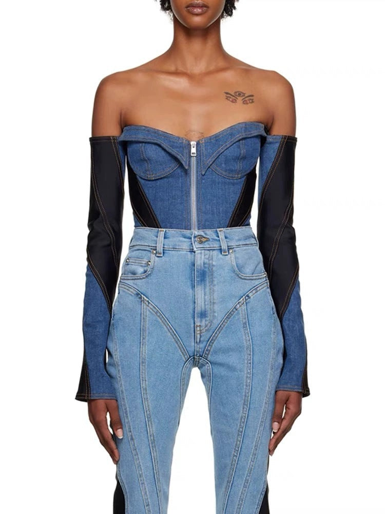 Denim one-piece long sleeved top