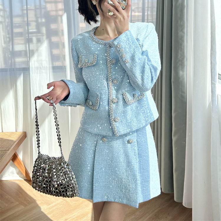 Diamond trimmed tweed jacket + skirt small fragrance suit