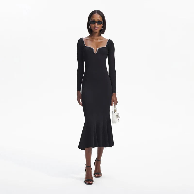 BLACK KNIT DIAMANTE TRIM MIDI DRESS