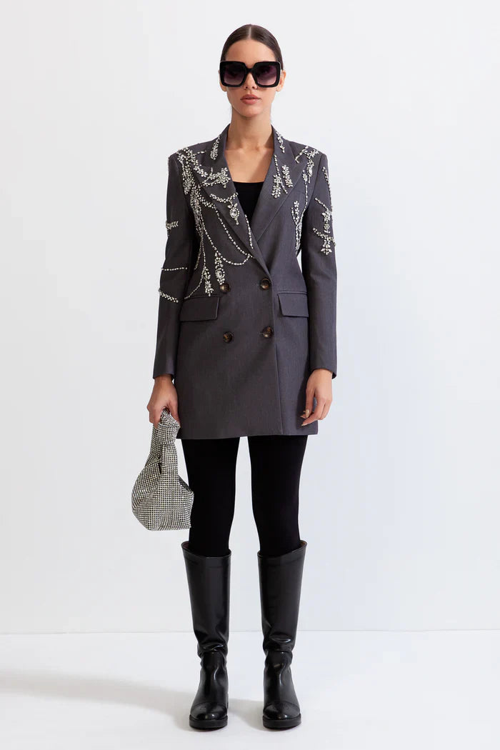 Double Breasted Long Blazer with Jewels - Grey