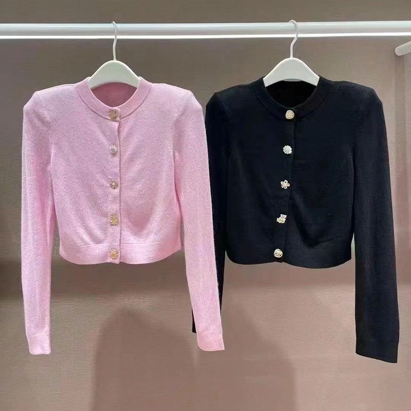 Button Decoration Round Neck Shoulder Blazer