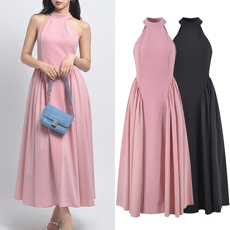 Halterneck long skirt women's new French celebrity waist slim dress