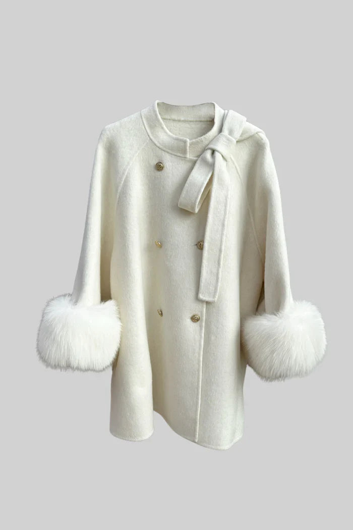 Double Breasted Overcoat With Fur Cuff Accents And Neckline Ribbon - Ivoire