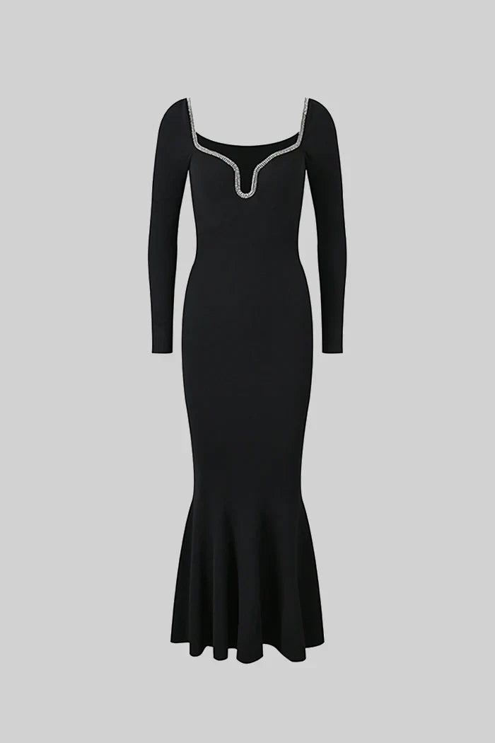 Long Sleeve Dress with Fitted Bodice and Flared Hem - Black